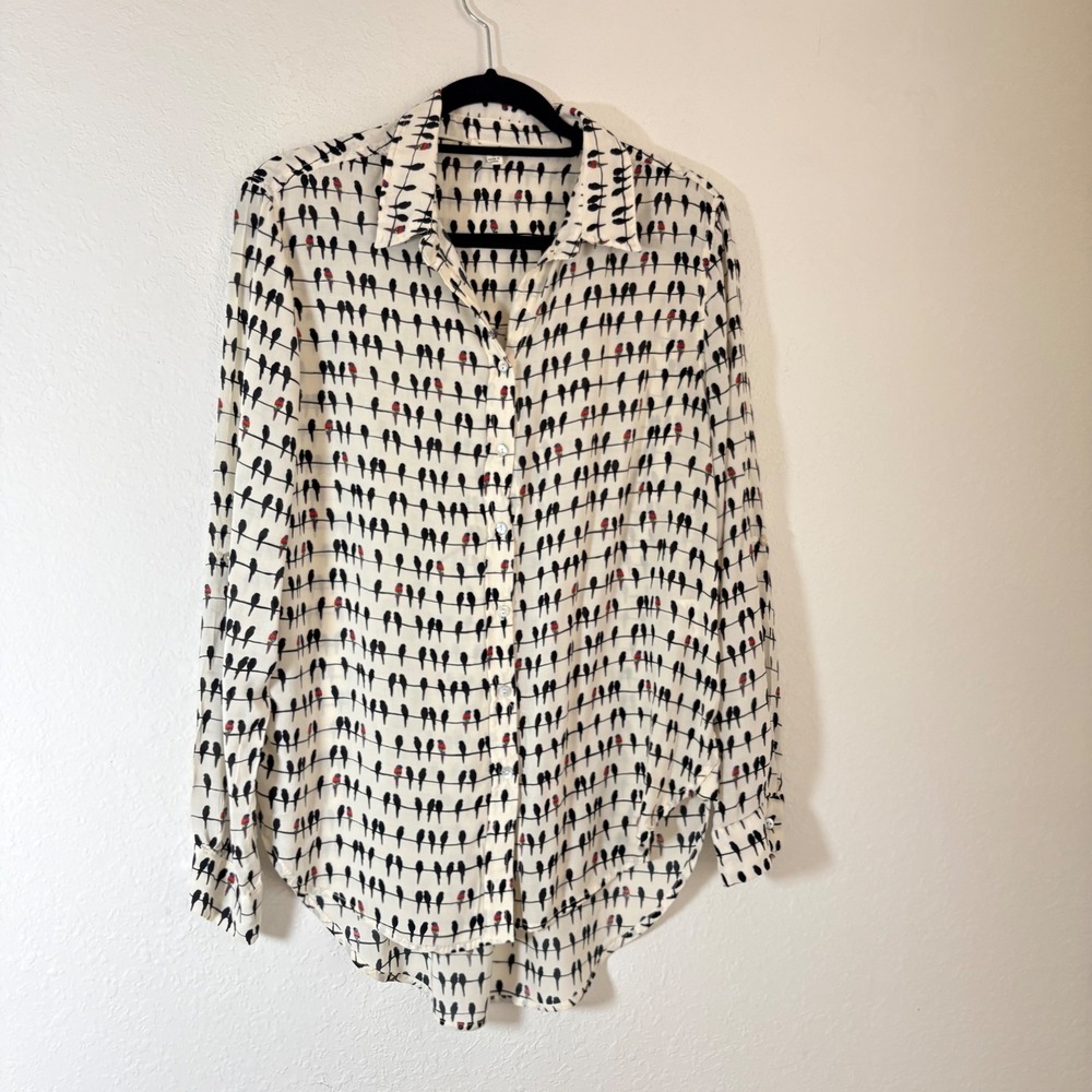 Jane and Delancey Bird Print Blouse Medium Parrot Button Down Rayon roll tab